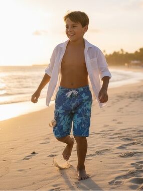 Old Navy Teal and Light Blue Floral Cargo Swim Trunks